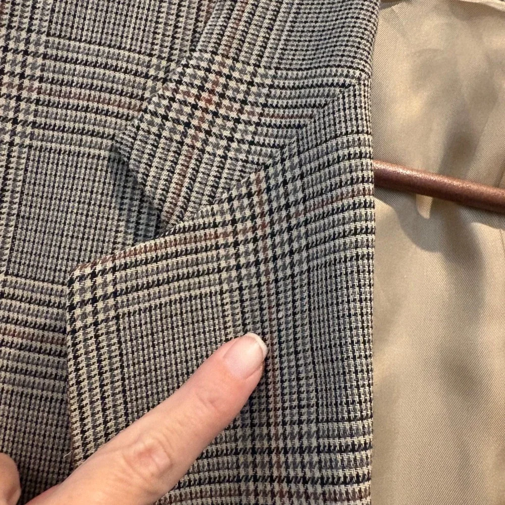 Men's Robert Stock Tan Glen Plaid Sport Coat Blazer 46L Long Wool Blend